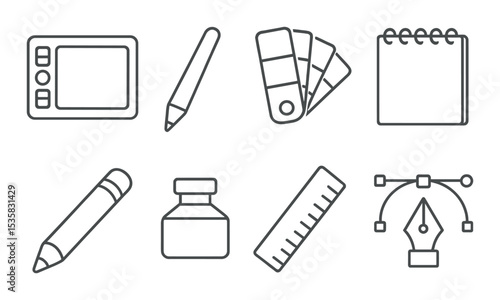 Creative tools linear icons: pen tablet, stylus, color palette, sketchbook, pencil, ink bottle, ruler, vector tool.
