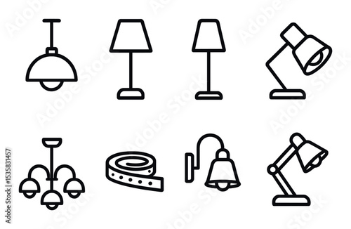 Lighting fixtures in linear style: ceiling lamp, table lamp, floor lamp, spotlight, chandelier, LED strip, wall sconce, desk light.
