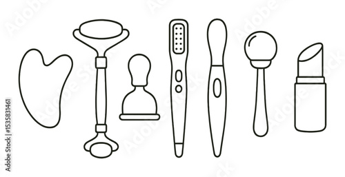Facial massage tools: gua sha, roller, suction cup, LED stick, heat wand, vibration tool, cooling ball, contour stick. Linear style, isolated, no text