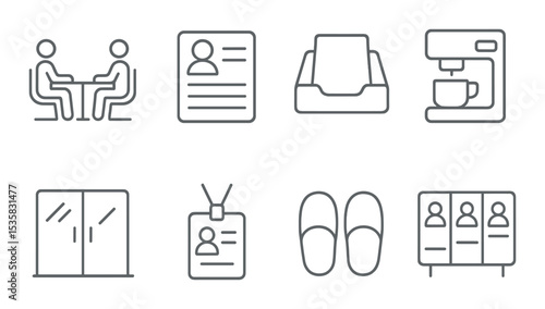 Office icons linear style: interview table, resume icon, printer tray, coffee machine, glass wall, badge scanner, office slippers, team board.