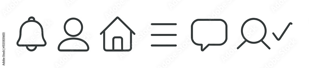 Naklejka premium Mobile interface: notification, profile, home icon, menu, settings, message, search, checkmark. Linear style, isolated, no text