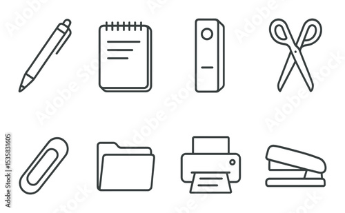 Office essentials in linear style: pen, notepad, binder, scissors, paperclip, file folder, printer, stapler.