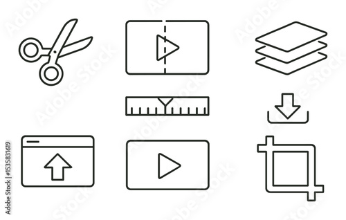 Video editing tools: scissors, cut frame, timeline, track layers, export icon, audio track, preview screen, crop. Linear style, isolated, no text