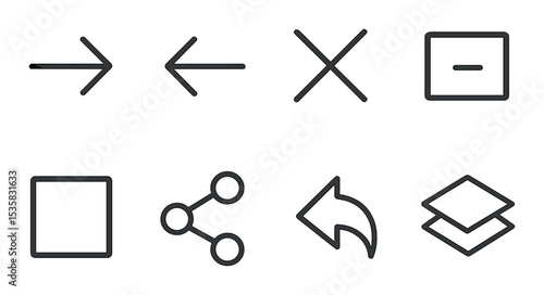 linear style icons of UI: forward arrow, back arrow, close icon, minimize, maximize, share, reply, layers.