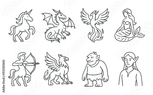 Mythical creatures, linear style: unicorn, dragon, phoenix, mermaid, centaur, griffin, troll, elf.