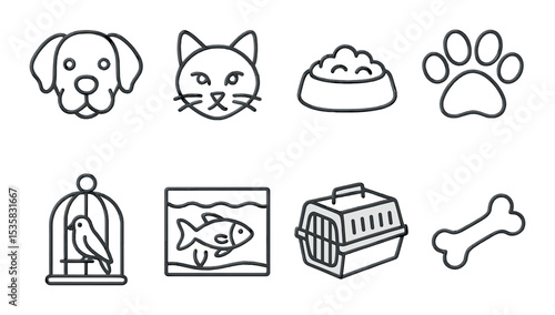 Pets & animals in linear style: dog face, cat face, pet food bowl, paw print, bird in cage, fish tank, pet carrier, dog bone.