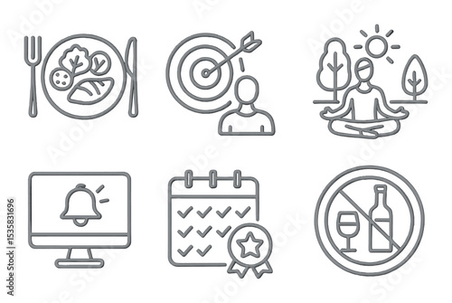 Healthy lifestyle in linear style: light dinner, personal goals icon, outdoor meditation, stretch reminder, weekly challenge, balanced routine, motivational badge, no alcohol sign.