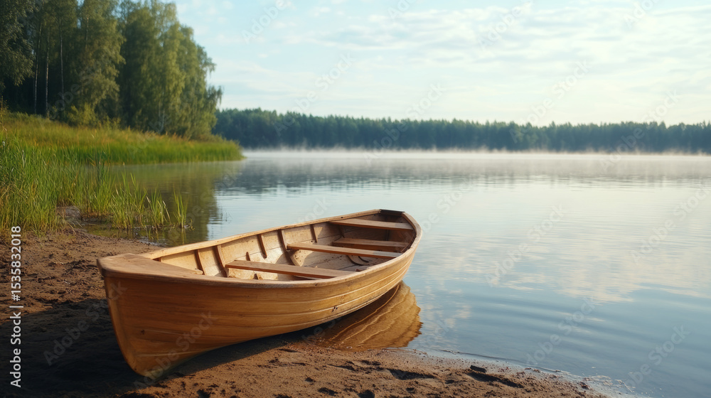 Obraz premium Classic wooden rowboat resting on the shore of a tranquil lake
