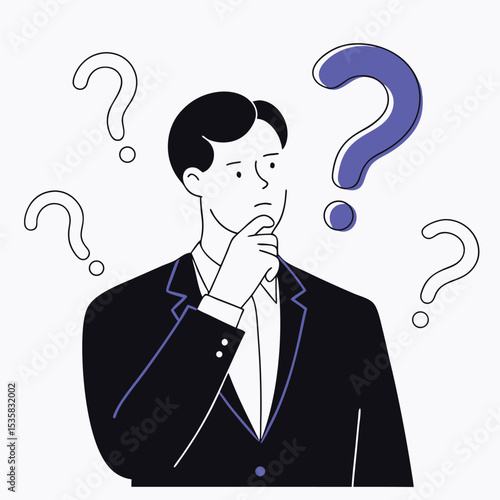 Pensive businessman contemplates perplexing questions, portrayed amidst swirling uncertainty, showcasing deep thought