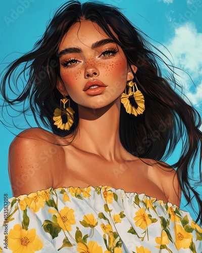 Bright and cheerful portrait of a young woman with long hair and floral accessories against a sunny sky