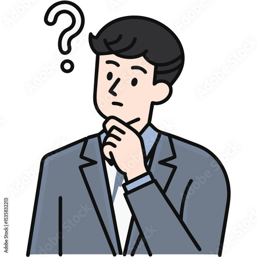 Cartoon businessman thoughtfully considers a perplexing question mark above his head while dressed in a suit