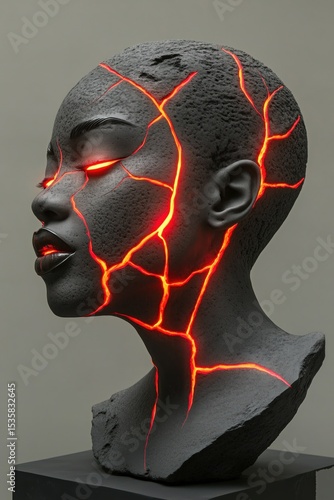 Abstract sculpture of a woman's head with glowing cracks showcasing modern art in a gallery setting