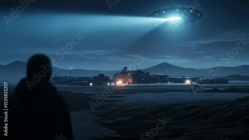 Man observing an alien spaceship hovering and beaming light over a mysterious military base at night, extraterrestrial footage.
