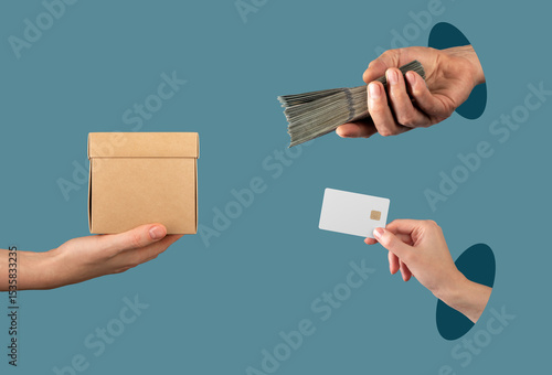 Tablou pe pânză Delivery and payment concept with hands exchanging a credit card for a purchase