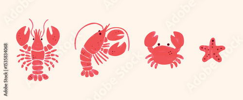 Isolated watercolor illustrations of lobster crab starfish on light background. Red marine animals in flat hand drawn doodle cartoon style. Vector illustration for summer cards or print.