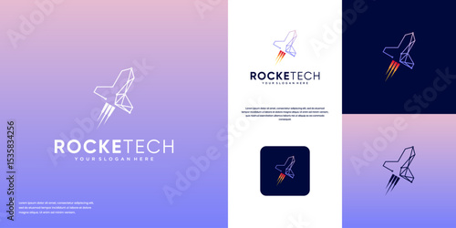 rocket logo with abstract line style, symbol of smart technology, speed, digital innovation, vector graphic template.