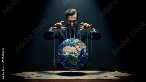 Businessman puppet master controlling earth, symbolizing global manipulation and conspiracy theories, dark footage.