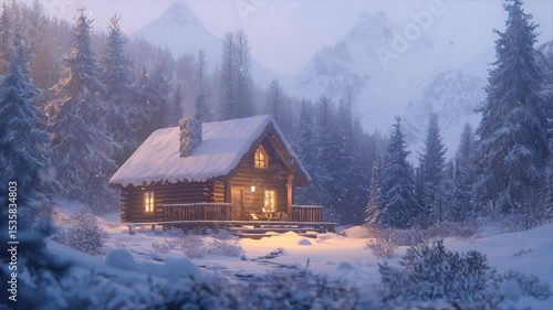 Cozy snow-covered cabin nestled in a tranquil winter forest, illuminated from within