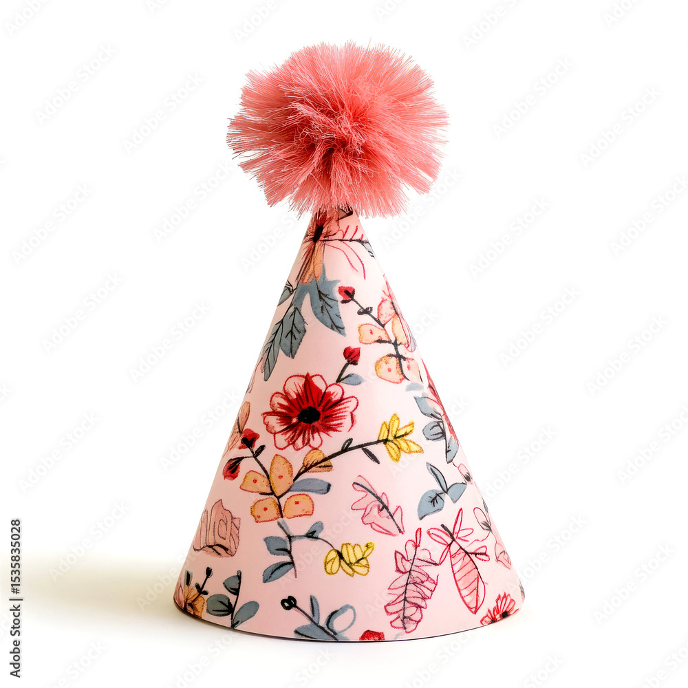 Floral party hat with pompom on white background Floral party hat with pompom on white background