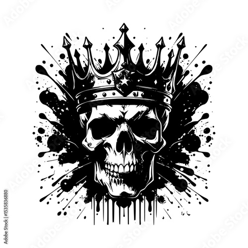 King Skull with Crown: Black and White Ink Splatter Illustration