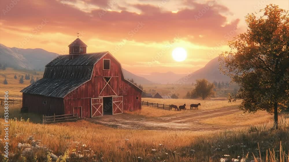 Rustic red barn at sunset on a farm Rustic red barn at sunset on a farm