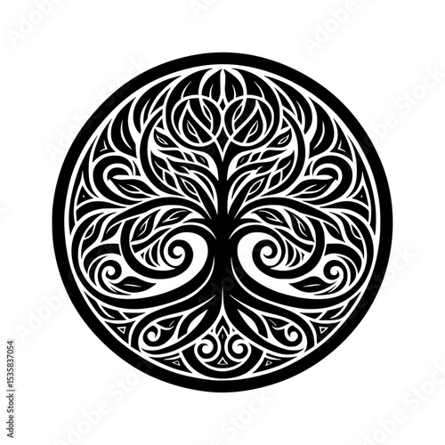 Ornate Celtic Tree of Life Design: Circular Black and White Illustration