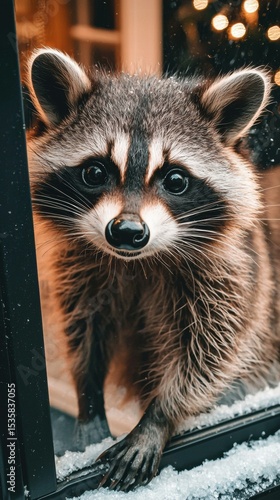 Raccoon peeking through snowy window at Christmas lights. AI.