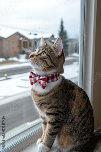 Festive cat gazing out the window. AI.
