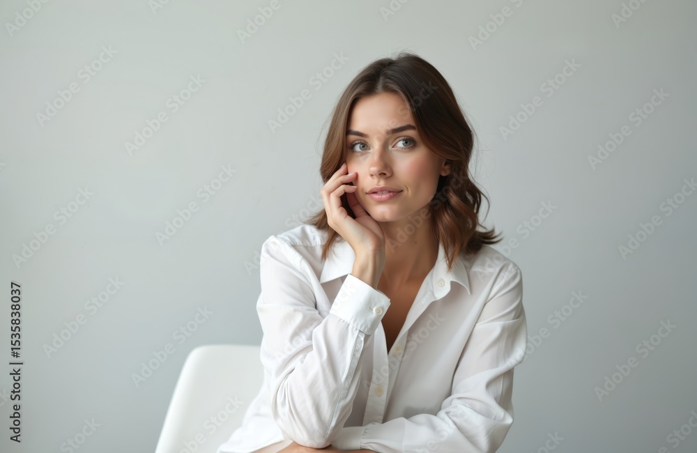 Attractive woman wearing white shirt poses studio. Beautiful young female model looks directly at camera with natural makeup. Isolated on grey background. Clean simple portrait of businesswoman. Attractive woman wearing white shirt poses studio. Beautiful young female model looks directly at camera with natural makeup. Isolated on grey background. Clean simple portrait of businesswoman.