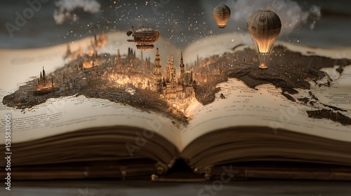 Fototapeta Naklejka Na Ścianę i Meble -  A close-up of an old book's pages, where ink transforms into a living map, rising into the air and expanding into a sprawling steampunk city with airships and clockwork towers