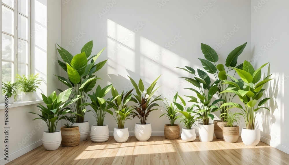 Easy-Care Tropical House Plants for Air Purification – Indoor Greenery in Sunlit White Room, Modern Home Garden Décor, 3D Render with Natural Shadows Easy-Care Tropical House Plants for Air Purification – Indoor Greenery in Sunlit White Room, Modern Home Garden Décor, 3D Render with Natural Shadows