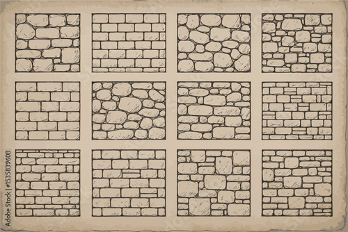 A collection of hand drawn stone wall patterns, showcasing various textures and arrangements of bricks and cobblestones, perfect for rustic designs