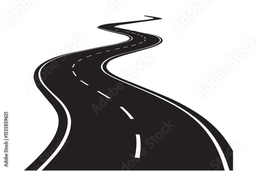 A winding road in a minimalist black and white style, showing a sharp turn with dashed road markings, symbolizing journey and direction