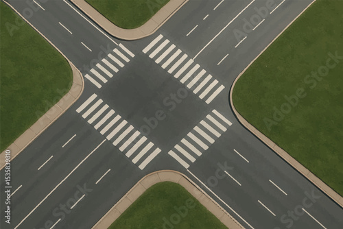 A clean, symmetrical design of an urban intersection, showing clearly marked crosswalks, parallel lanes, and green landscaping along the edges