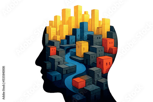 An abstract image of a city within a human silhouette, using vibrant colors to represent the dynamic, ever changing nature of thought and imagination