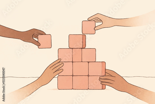 A conceptual illustration of teamwork where diverse hands are building a structure together with pink blocks, representing cooperation and unity