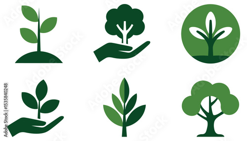A vector set of green nature icons featuring leaves, trees, and floral elements for eco-friendly designs