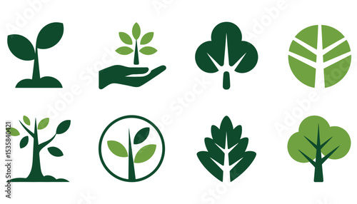 A vibrant vector set of green plants and trees, illustrating nature's ecological harmony through diverse leaf and floral elements