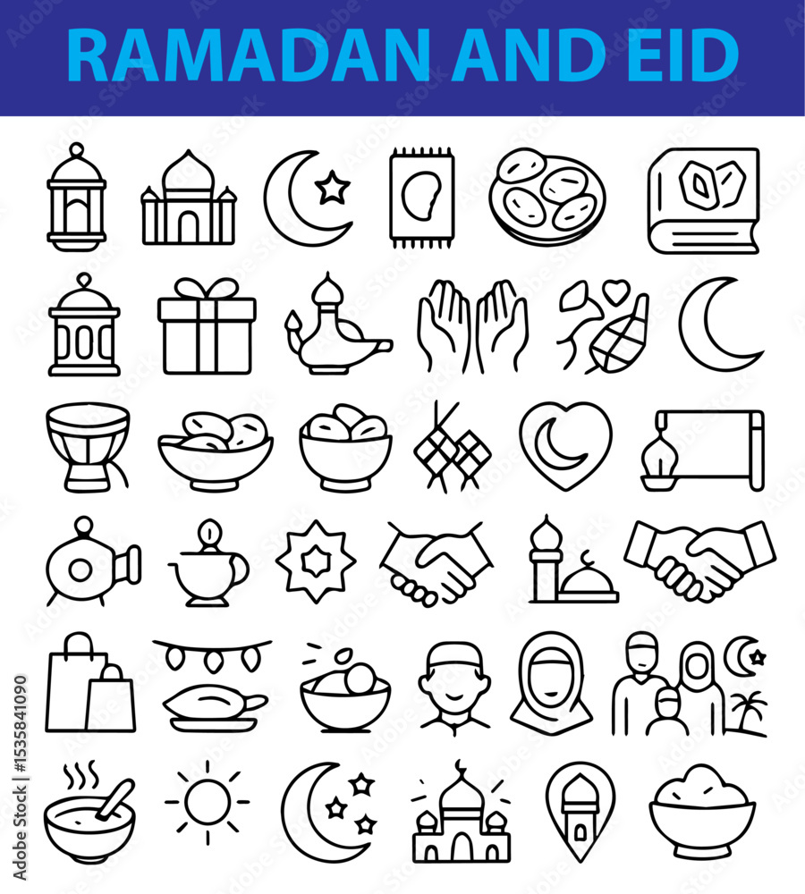 Fototapeta premium set of Ramadan & Eid Icons, Islamic Festival, Fasting, and Celebration Vector Pack