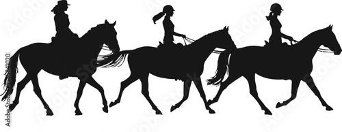 Three Silhouettes Women Riding Horses Equestrian Black White