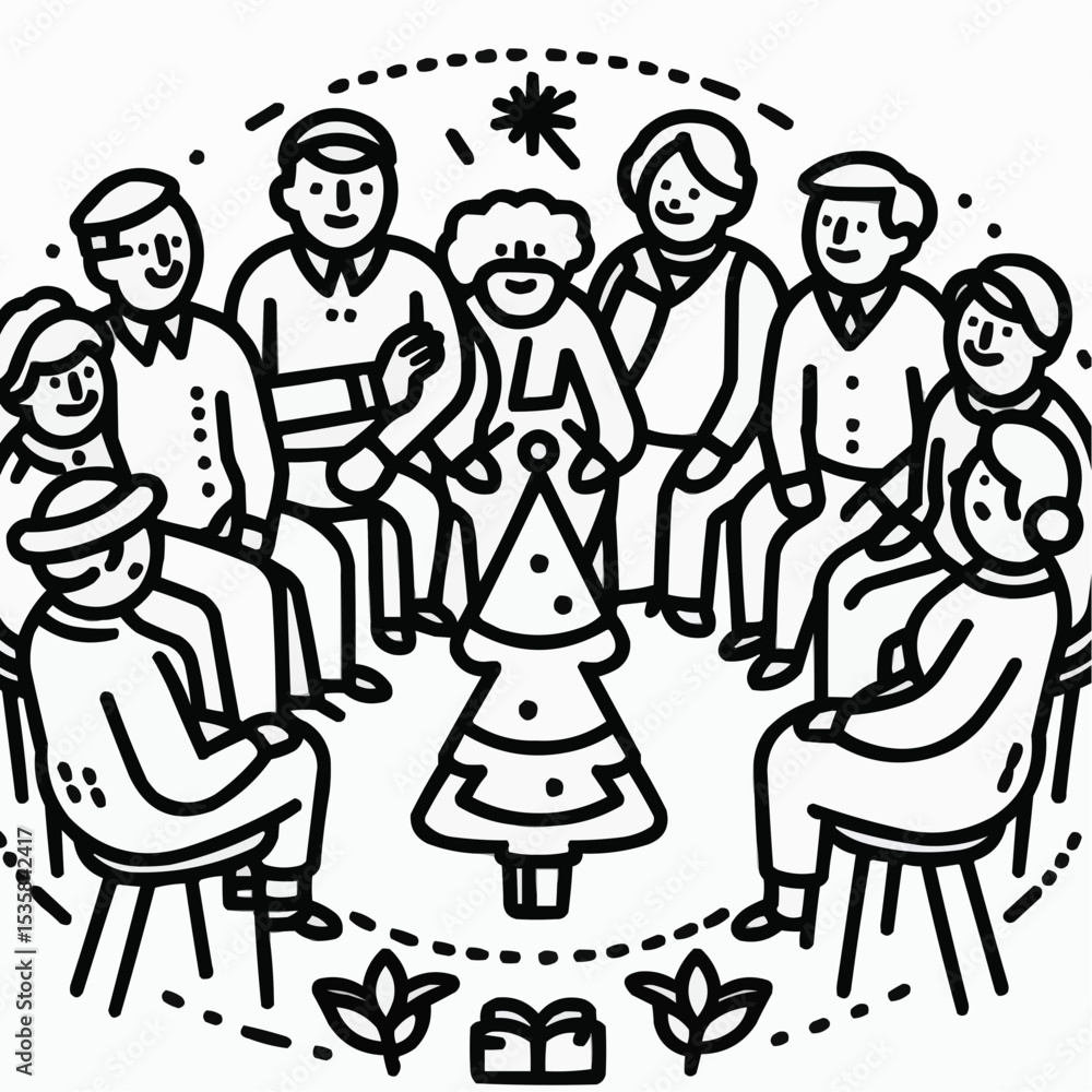 Naklejka premium Illustration of a warm gathering of friends and family around a Christmas tree, celebrating togetherness and joy 