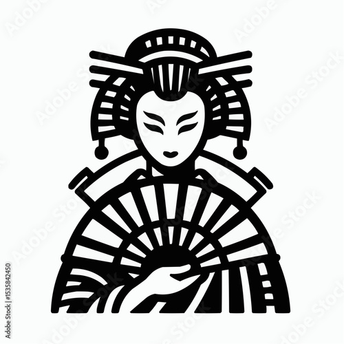 Illustration of a traditional Japanese geisha holding a fan, showcasing cultural beauty and elegance
