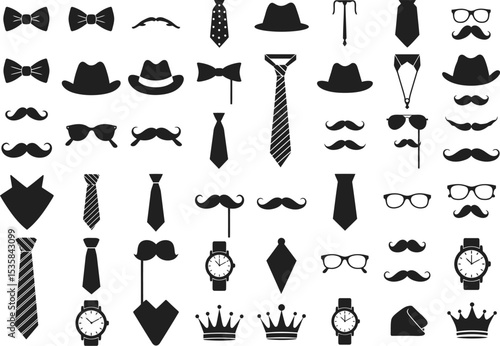 Vintage Fashion Accessories Icon Set: Hats, Ties, Mustaches, and More