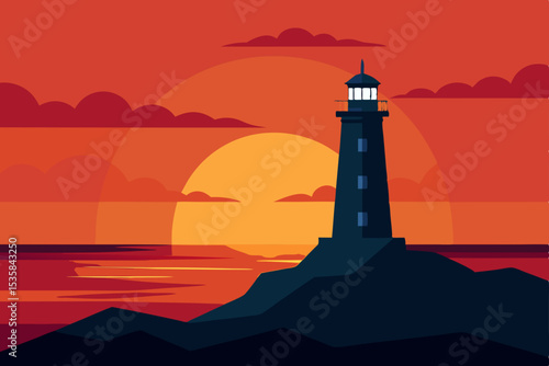 Silhouette of a coastal lighthouse at sunset, its beacon casting a light across the evening sky and water