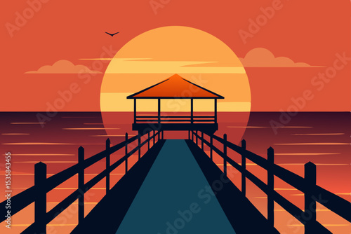 Golden sunset bathes the tranquil sea, casting long silhouettes across the wooden pier and sandy beach