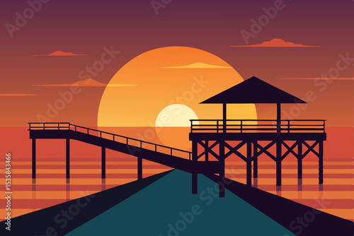 Golden hour glow over a beach pier, silhouetting the wooden structure against the vast expanse of the evening sky and ocean