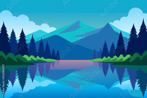 Mountain landscape featuring a serene lake reflecting snow-capped peaks and green forest under a cloudy sky