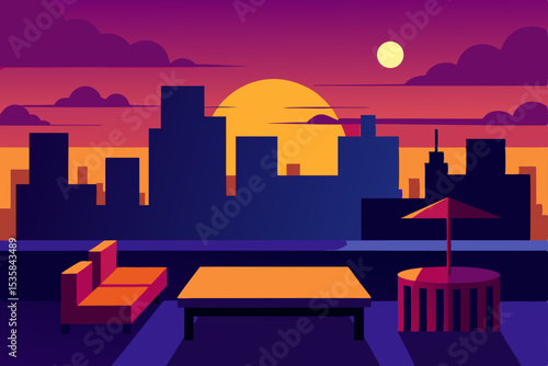 Urban night skyline illustration featuring silhouetted buildings, towering skyscrapers, and vibrant city lights under a dark sky, capturing the essence of a bustling business district