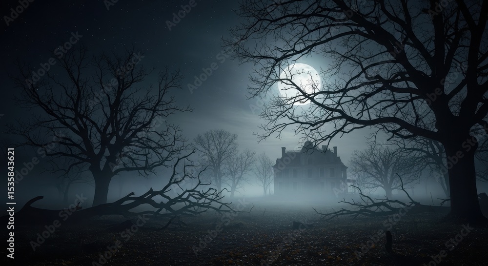 Naklejka premium Dark spooky haunted mansion with bare trees and a full moon on a foggy Halloween night. Scary horror house exterior for mystery and thriller themes.