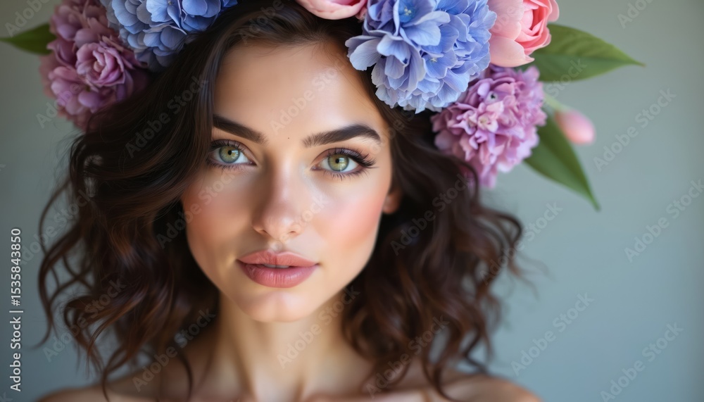 Naklejka premium Beautiful woman with green eyes wears floral crown. Headshot shows dark hair, soft pink lips, spring flowers. Gentle dreamy, romantic, delicate look, elegant style.